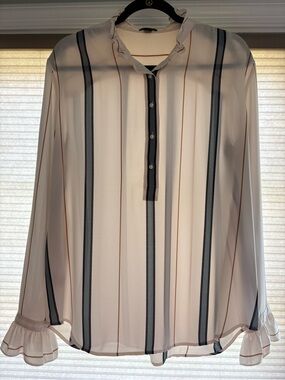 Ann Taylor Cream Blouse with Black and Tan Vertical Stripes